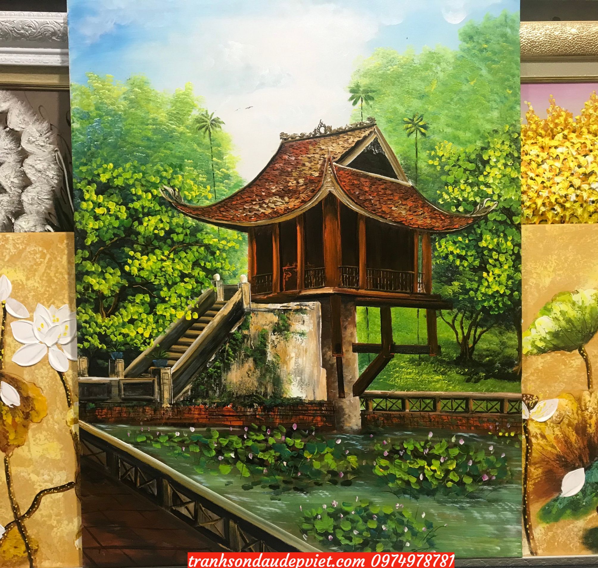 Tranh sơn dầu chùa một cột việt nam SB125 - Tranh Sơn Dầu Đẹp Việt - Xưởng tranh  sơn dầu