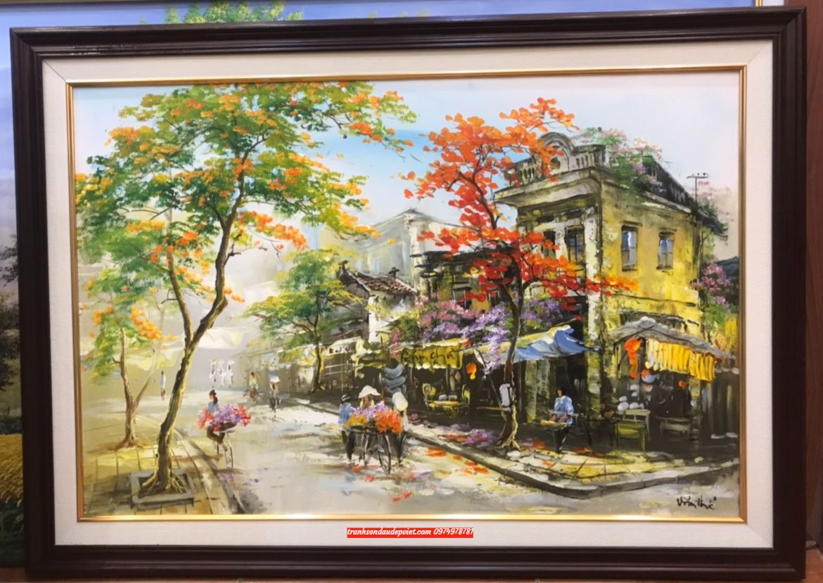 Mẫu tranh sơn dầu vẽ phong cảnh phố cổ Hà Nội